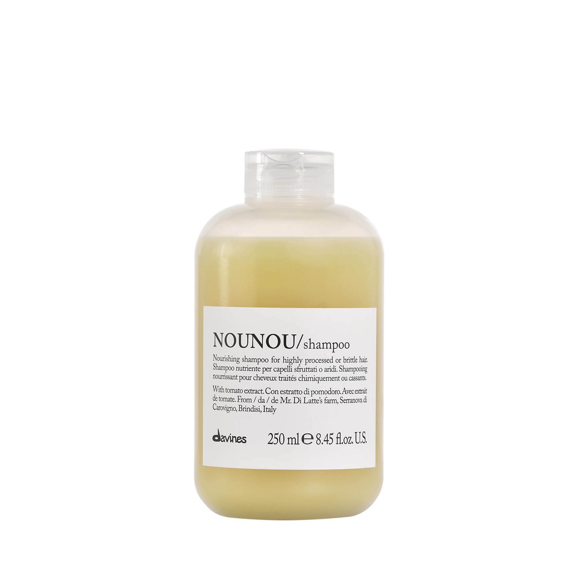 Davines NOUNOU Shampoo tomato-extract close-up showing hydration for dry, treated hair