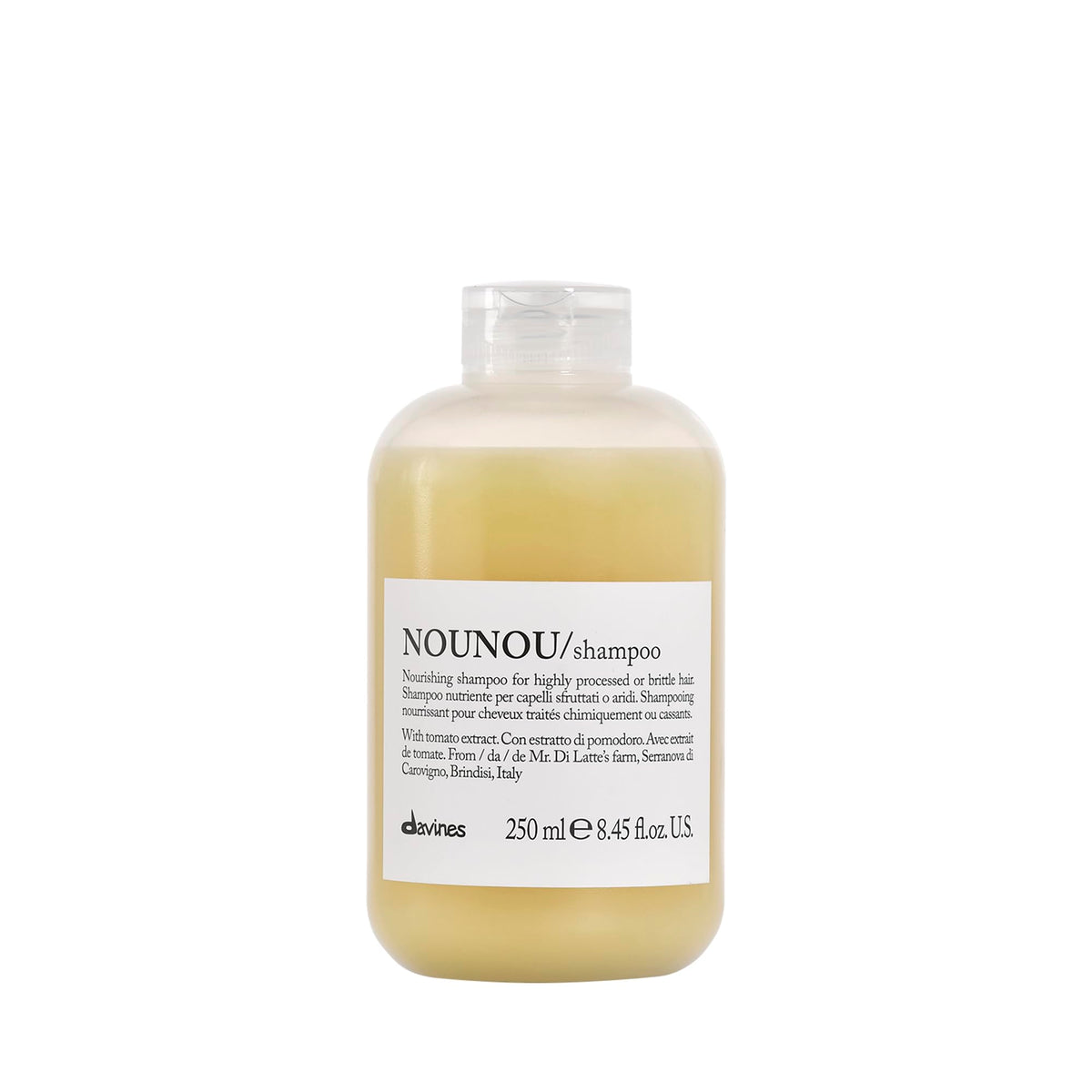 Davines NOUNOU Shampoo tomato-extract close-up showing hydration for dry, treated hair