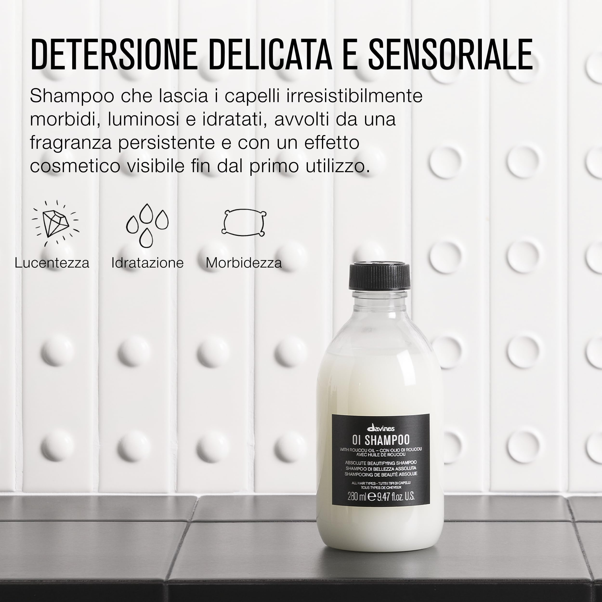 Davines OI Shampoo in daily-use scene suggesting gentle cleansing for all hair types