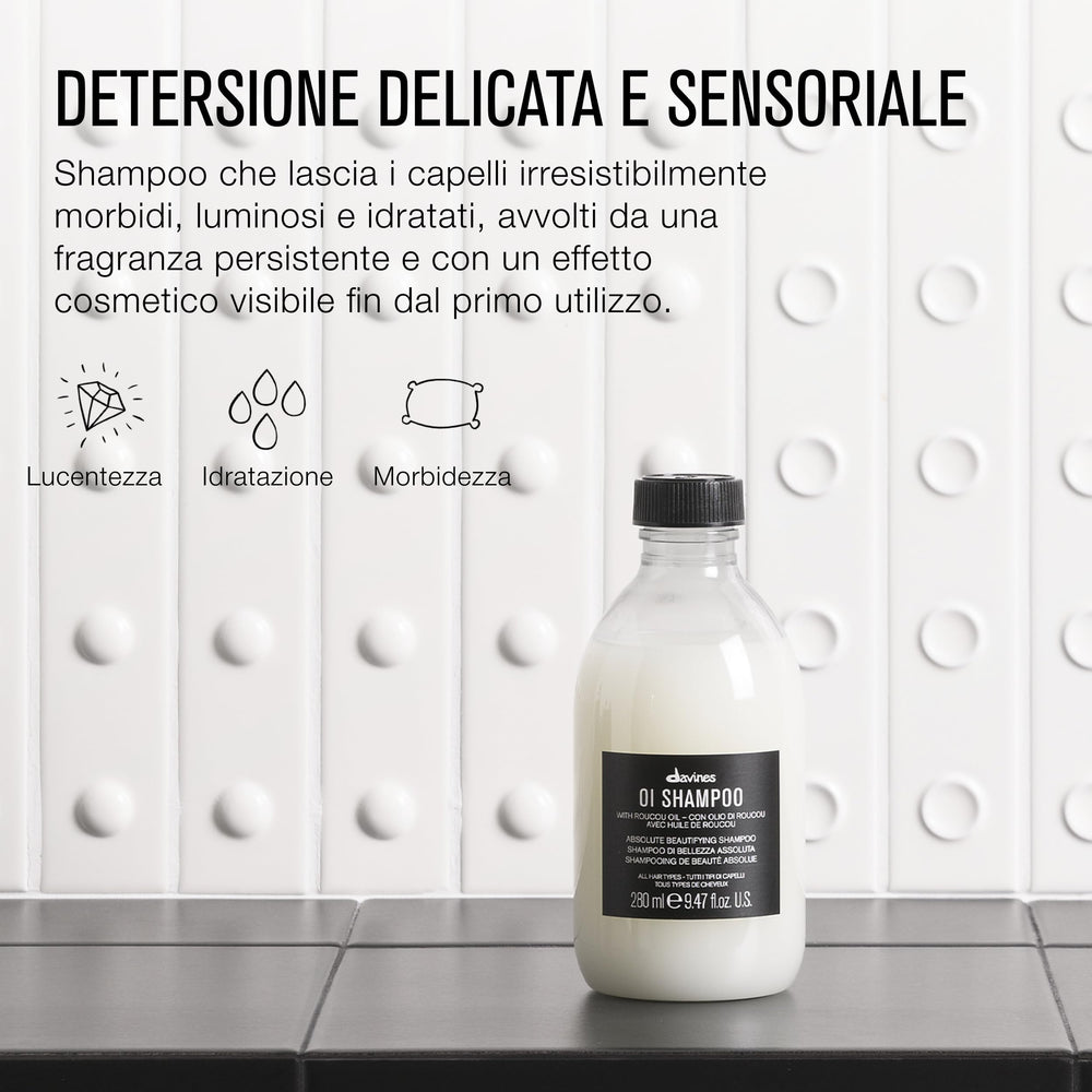 Davines OI Shampoo in daily-use scene suggesting gentle cleansing for all hair types