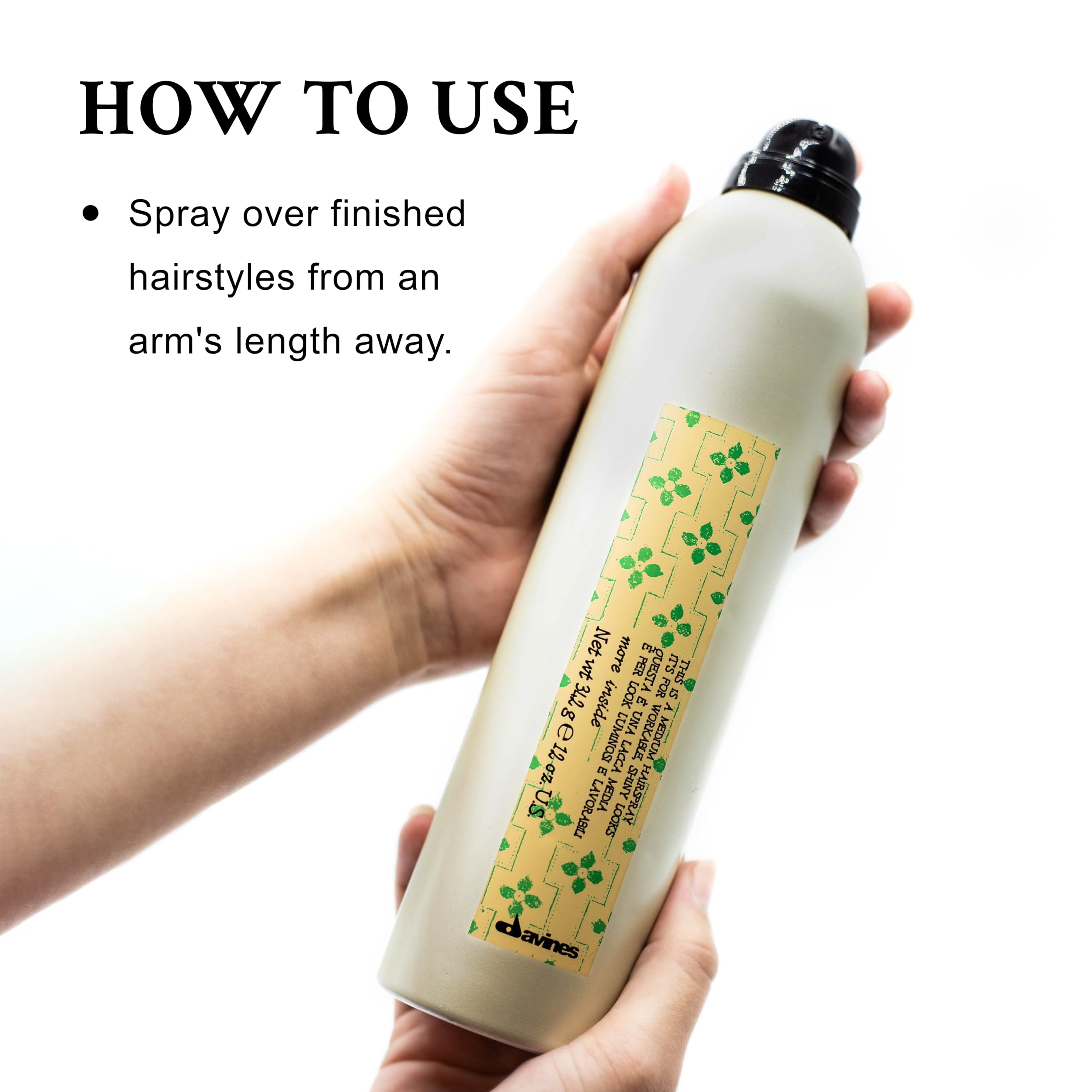 Davines This Is A Medium Hairspray close-up mist highlights quick-drying, non-sticky finish.