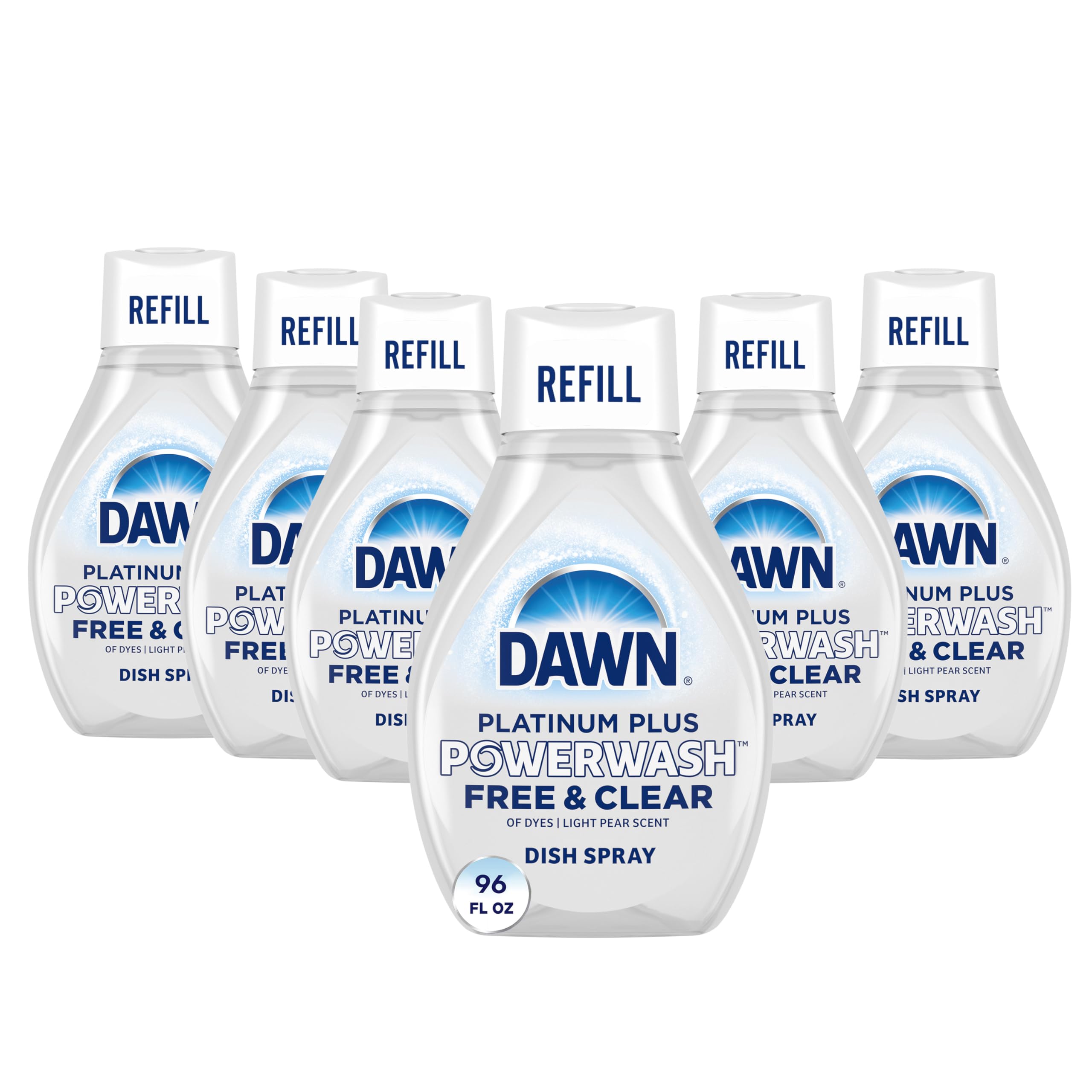 Dawn Free & Clear Powerwash spray bottle shows fast grease-cutting action for kitchen dishes.
