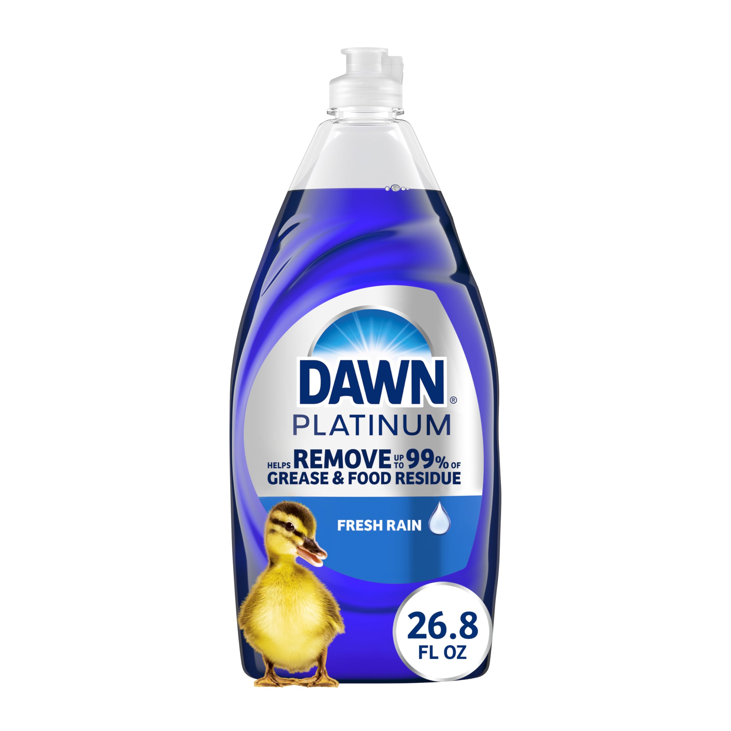Dawn Platinum bottle pours, showing grease-cutting power for dishes.