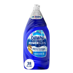 Dawn Platinum Plus PowerSuds bottle on the counter for tough dish cleaning