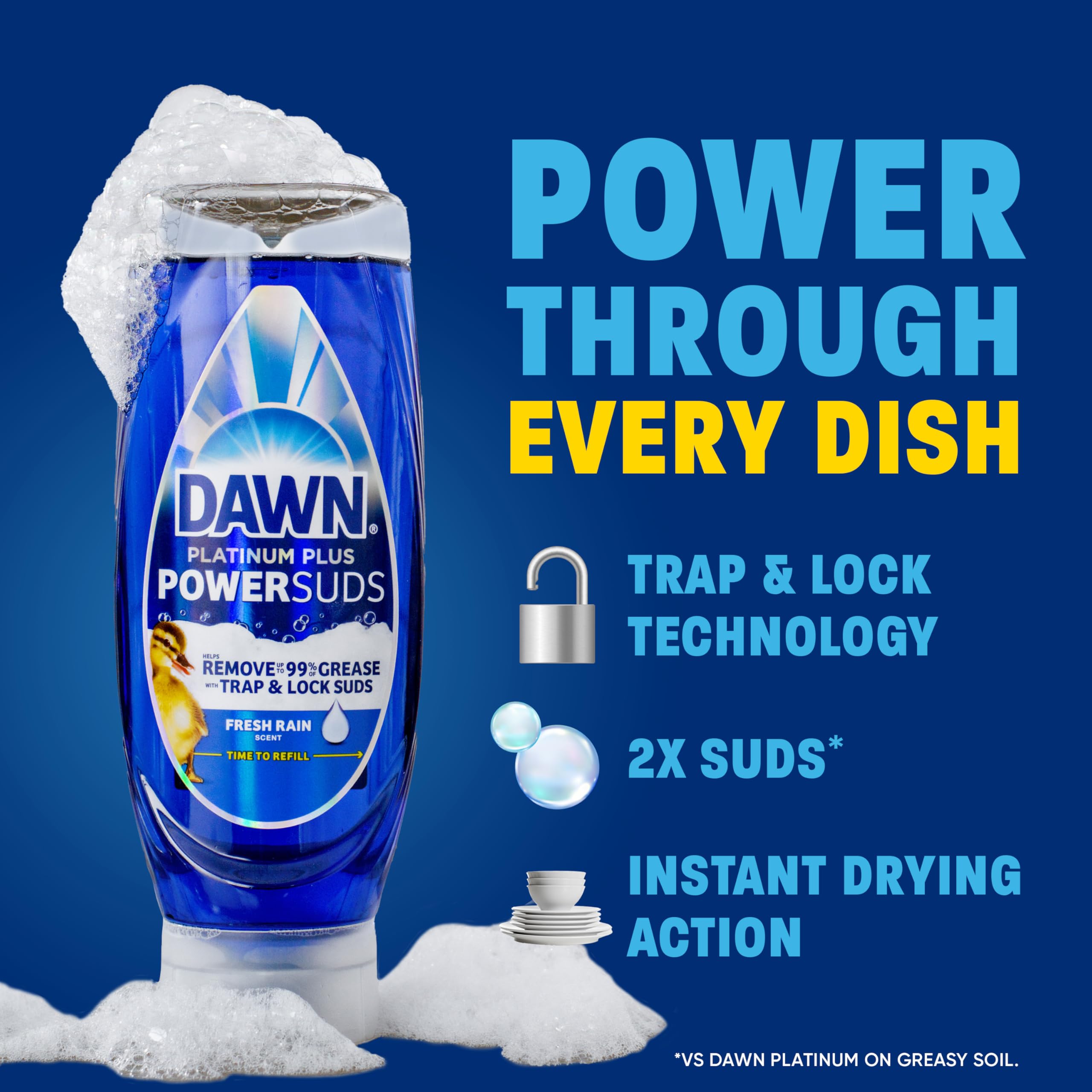 Dawn Platinum Plus PowerSuds bottle pours onto a sponge before washing