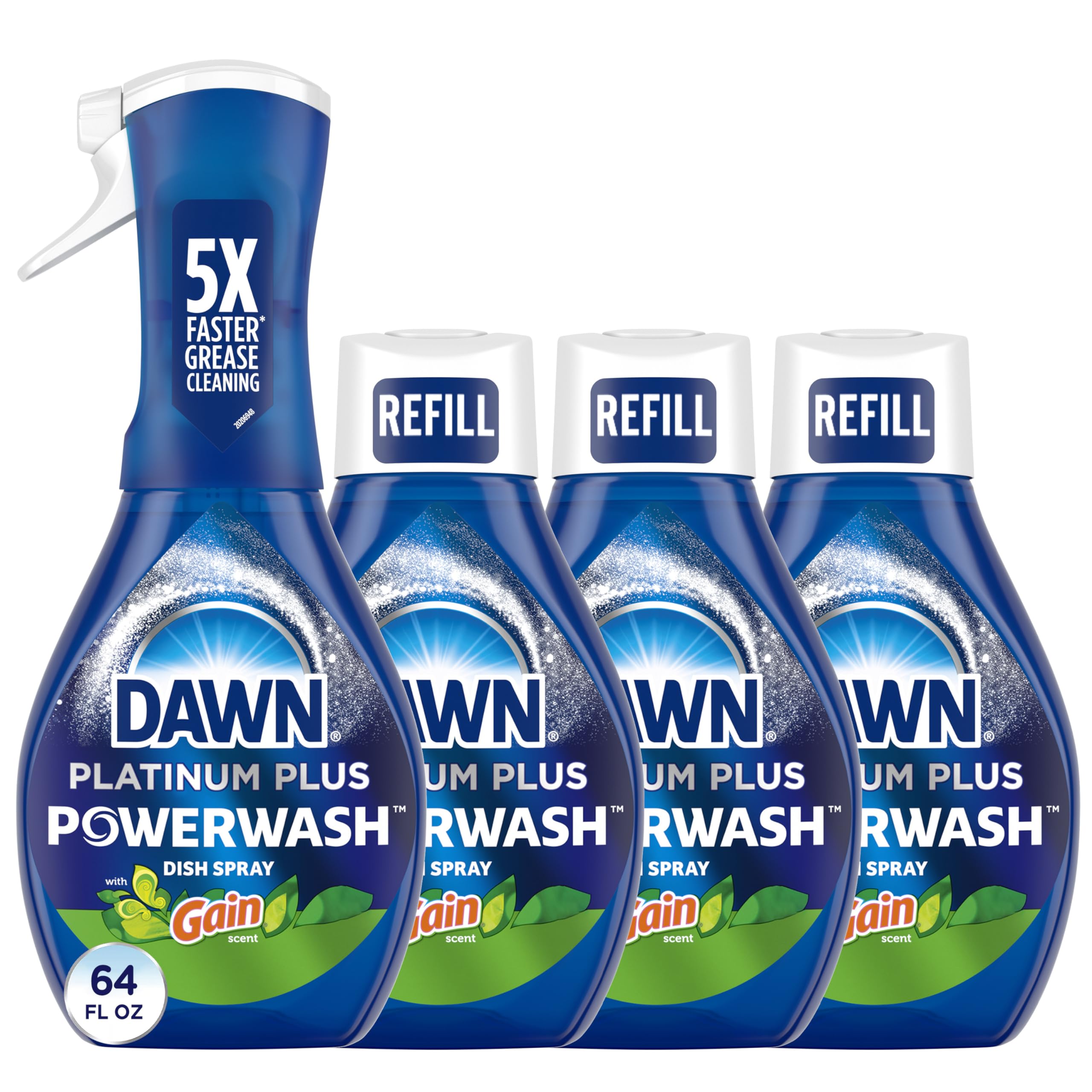 Dawn Powerwash Gain bottle pour shows quick grease removal for a fast kitchen prep.