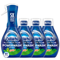 Dawn Powerwash Gain bottle pour shows quick grease removal for a fast kitchen prep.