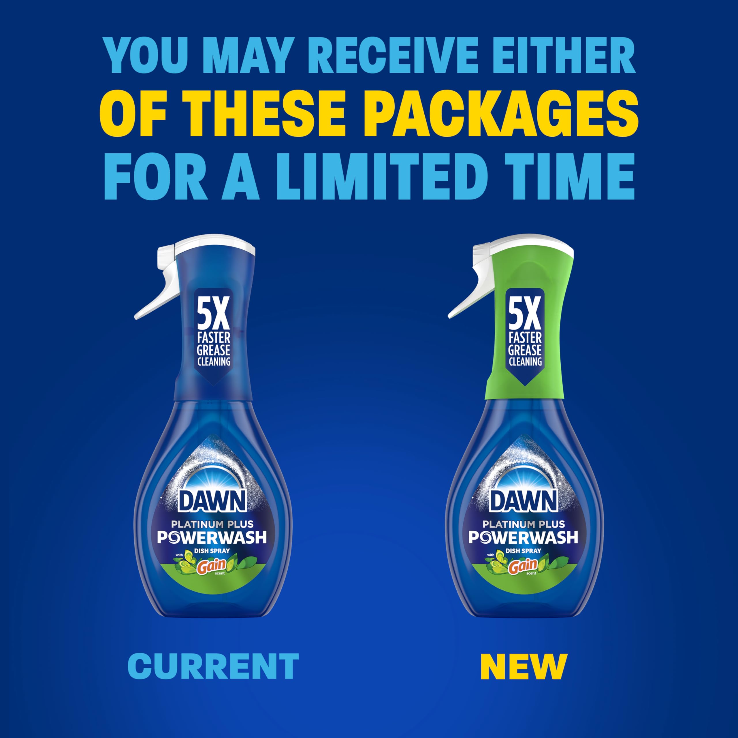 Dawn Powerwash Gain original spray in-use highlights convenient spray-and-wipe action.
