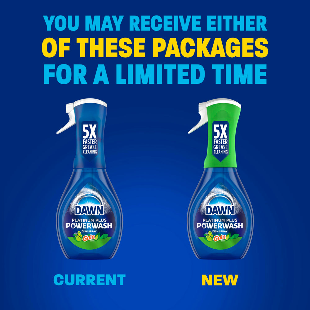 Dawn Powerwash Gain original spray in-use highlights convenient spray-and-wipe action.