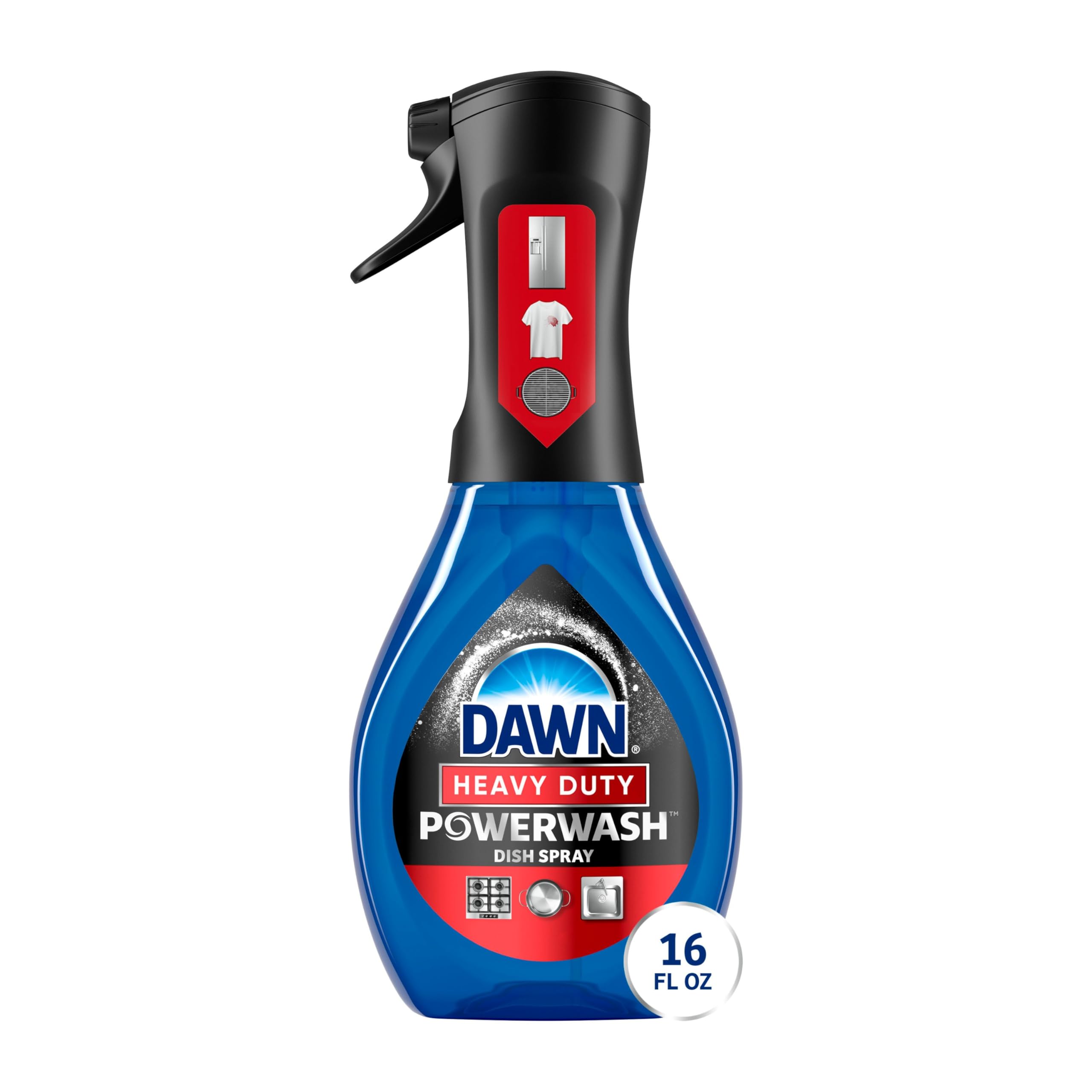 Dawn Powerwash Heavy Duty bottle pour demonstrates quick spray for effortless grease cleanup.