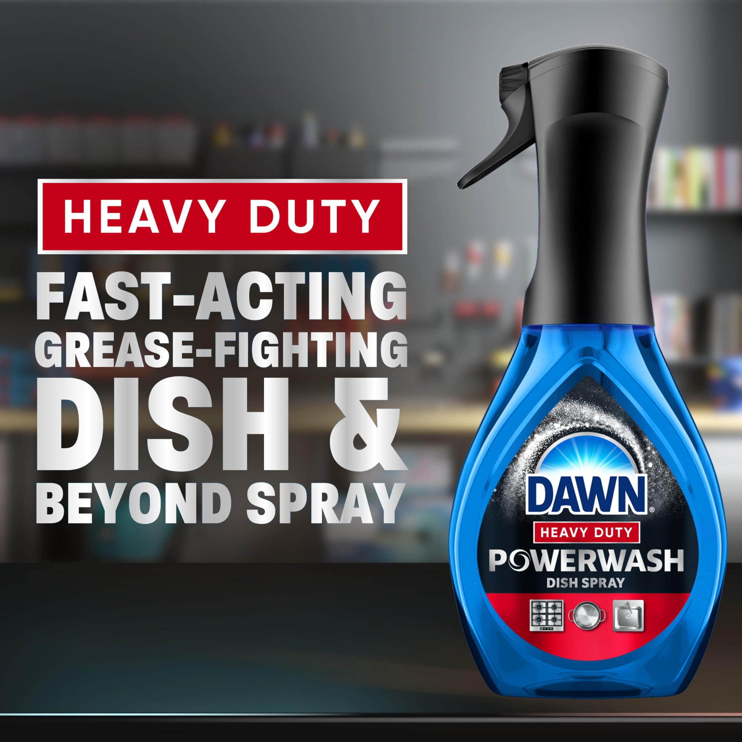 Dawn Powerwash Heavy Duty instant suds form for fast wipe-off on greasy surfaces.