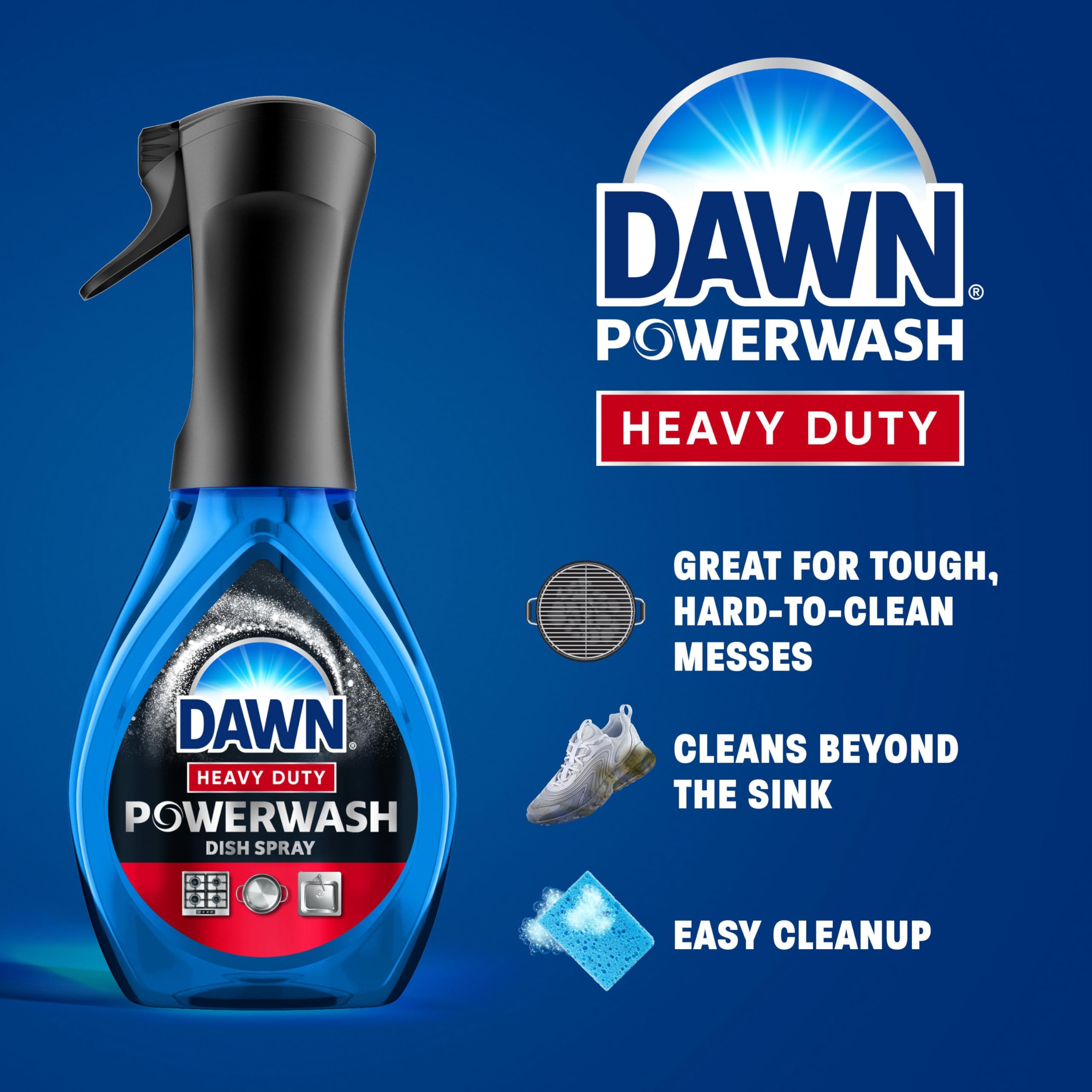 Dawn Powerwash Heavy Duty kitchen spray cleans surfaces with strong degreasing power.