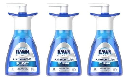 Dawn Ultra Platinum Foam bottle dispensing Fresh Rapids foam for quick grease cleanup