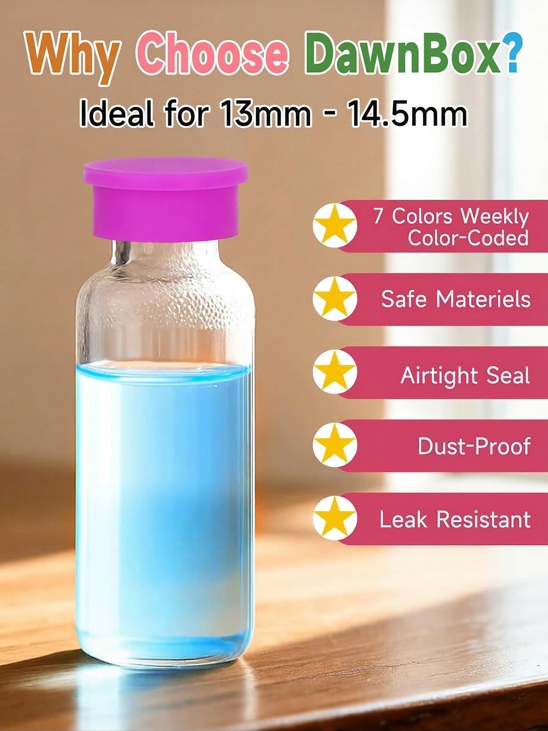 DAWNBOX airtight silicone vial caps protect liquids from evaporation.
