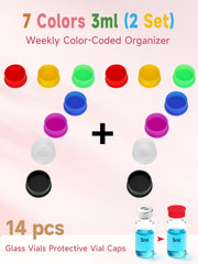 DAWNBOX seven-colors vial caps enable color-coded daily organization.