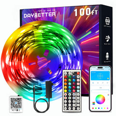 DAYBETTER LED Strip Lights 100ft length enhances room ambiance with vivid color options.