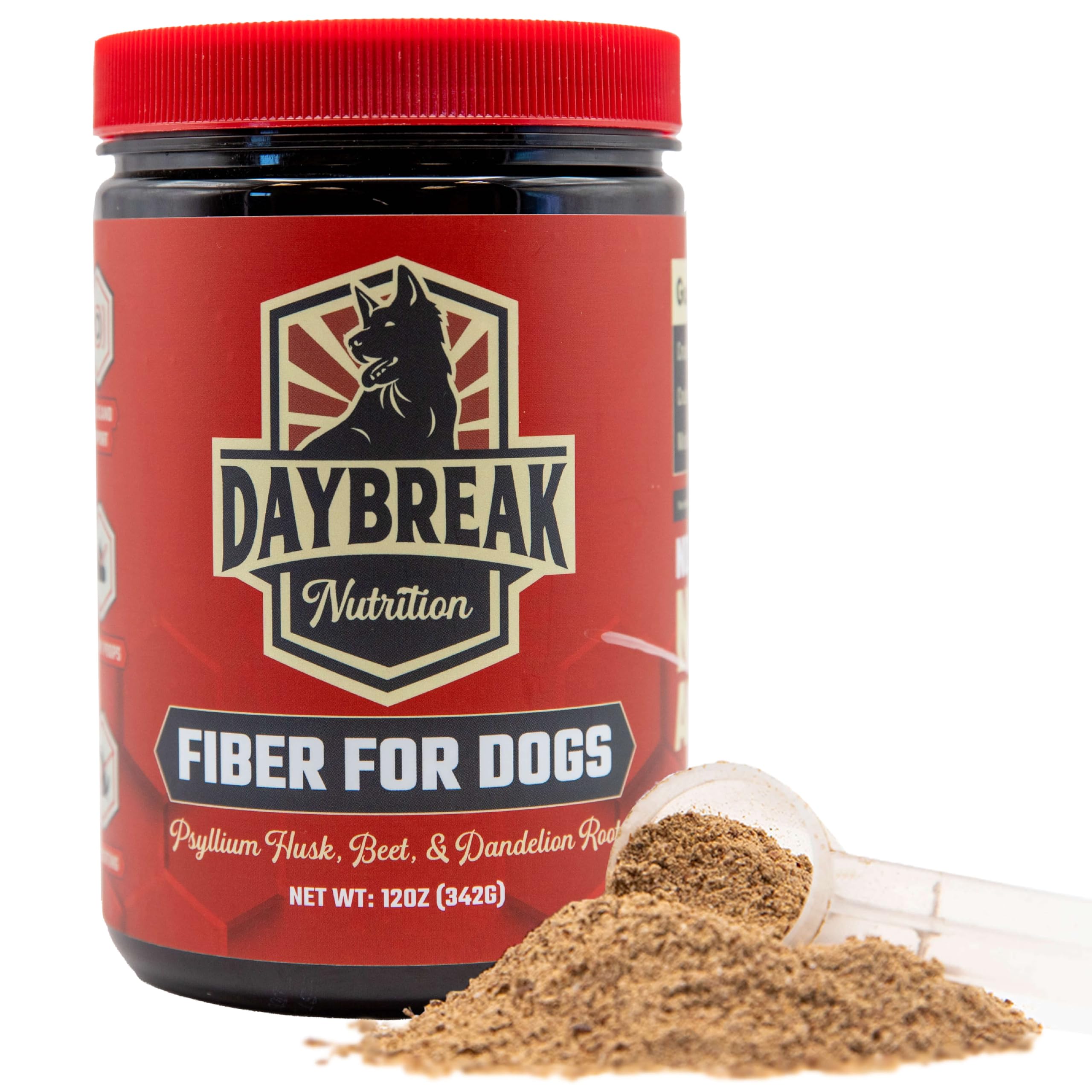 Daybreak Nutrition Fiber for Dogs bottle pour showing easy daily administration.