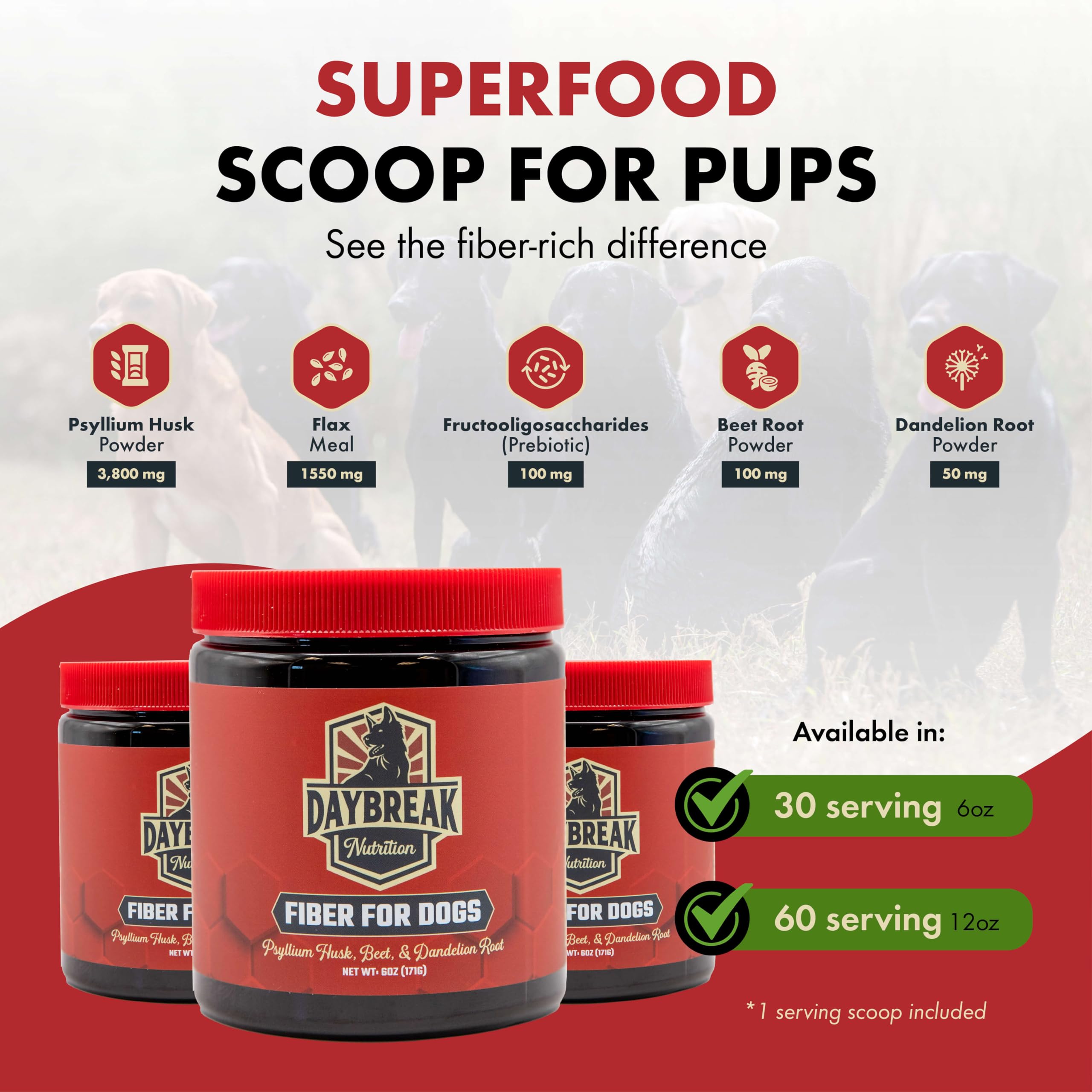 Daybreak Nutrition Fiber for Dogs psyllium husk and beet root highlight natural fiber components.