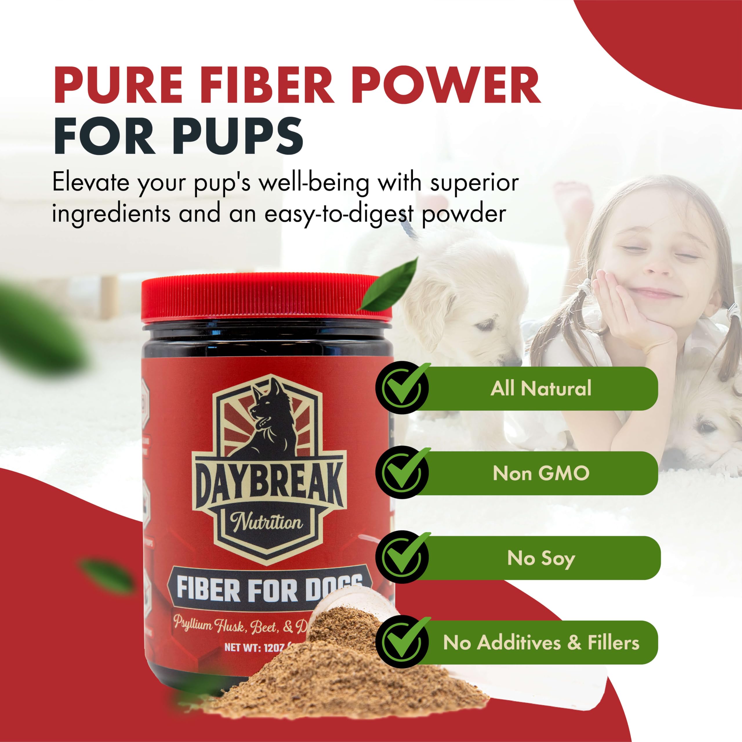 Daybreak Nutrition Fiber for Dogs real beef liver powder adds natural savor.