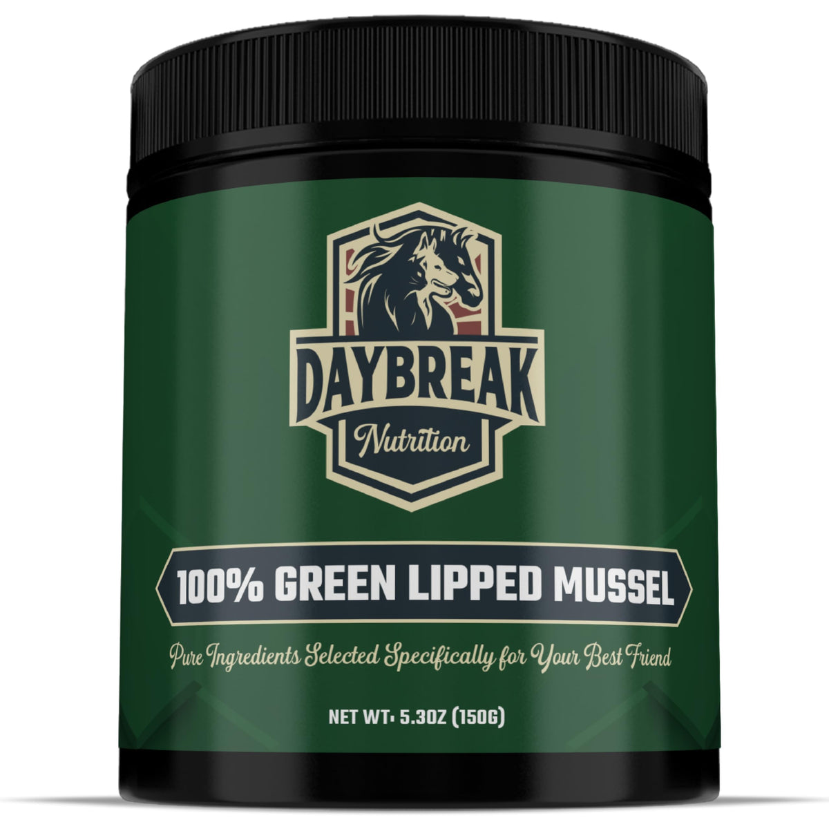 Daybreak Nutrition Pure Green Lipped Mussel Powder bottle for pet joint support.