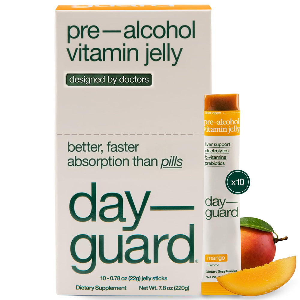 DayGuard mango jelly-stick pack ready for pre-drinking use.