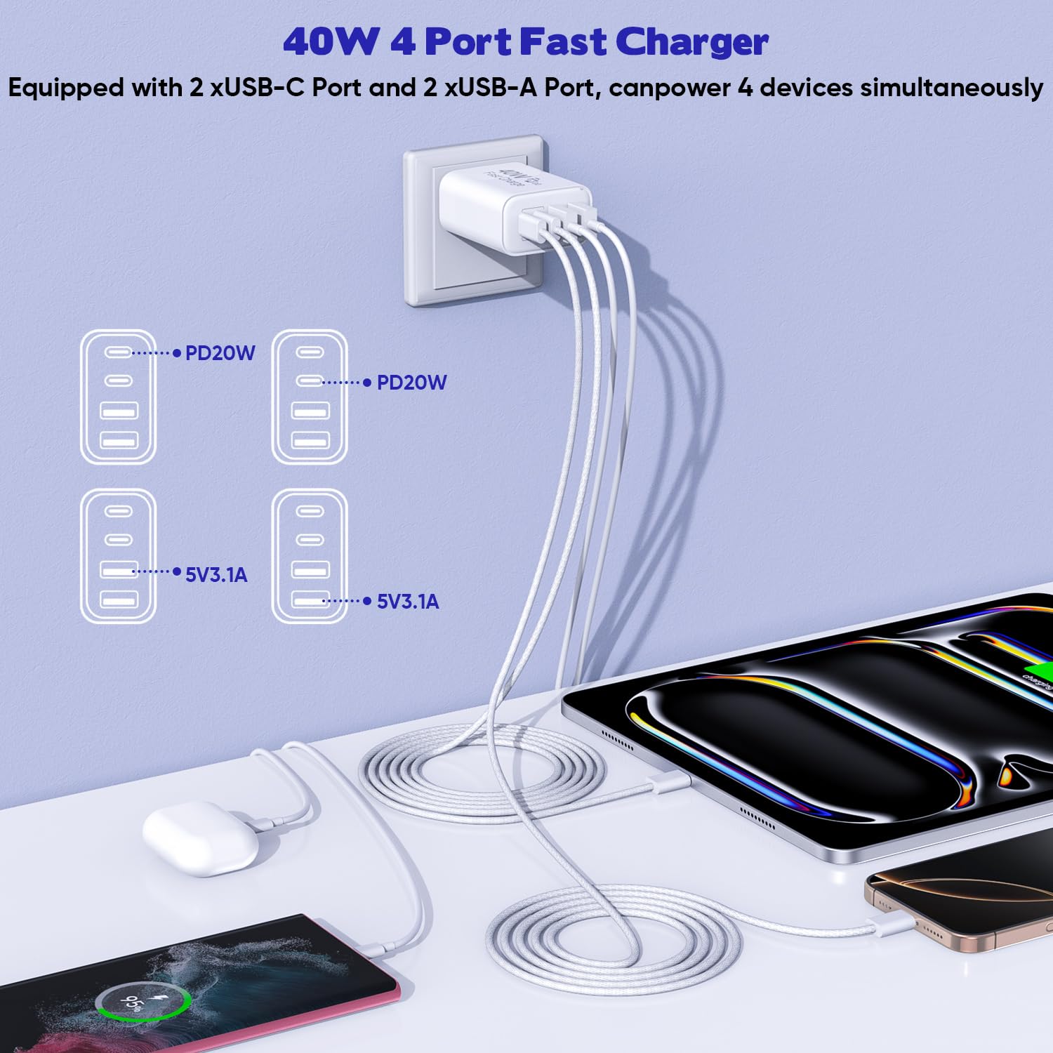 Dazana four-port charger powering multiple devices together