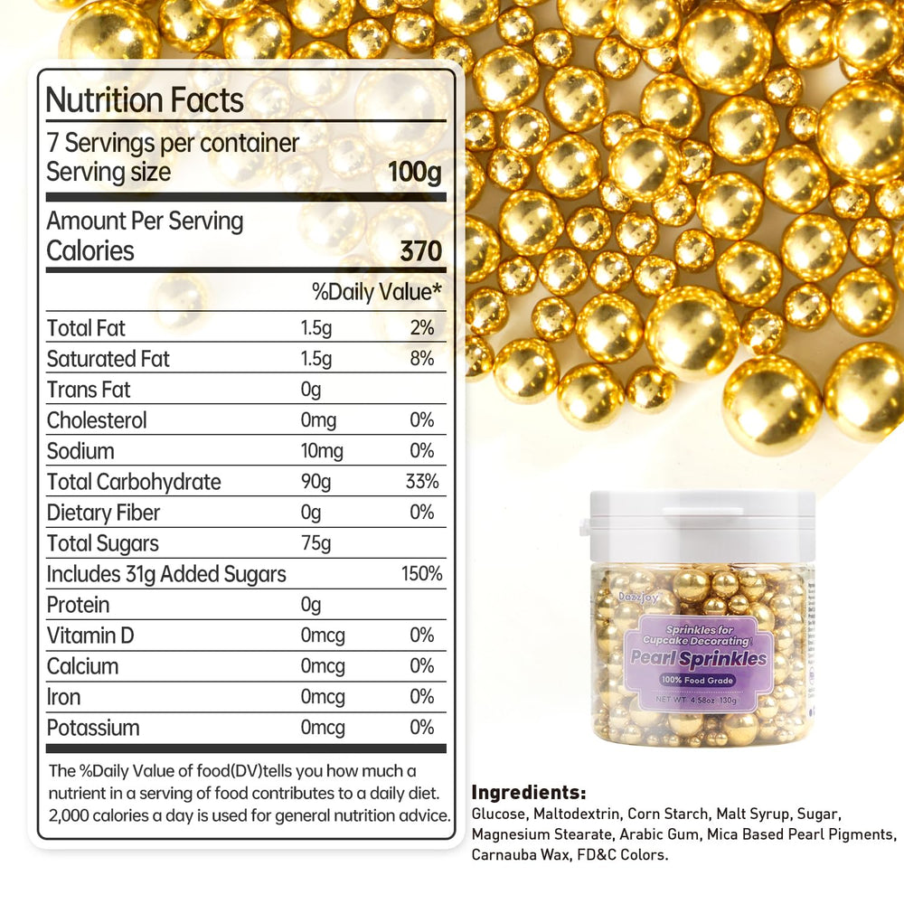 Dazzjoy Gold Pearl Sugar Sprinkles on a wedding cake top with gold shimmer.