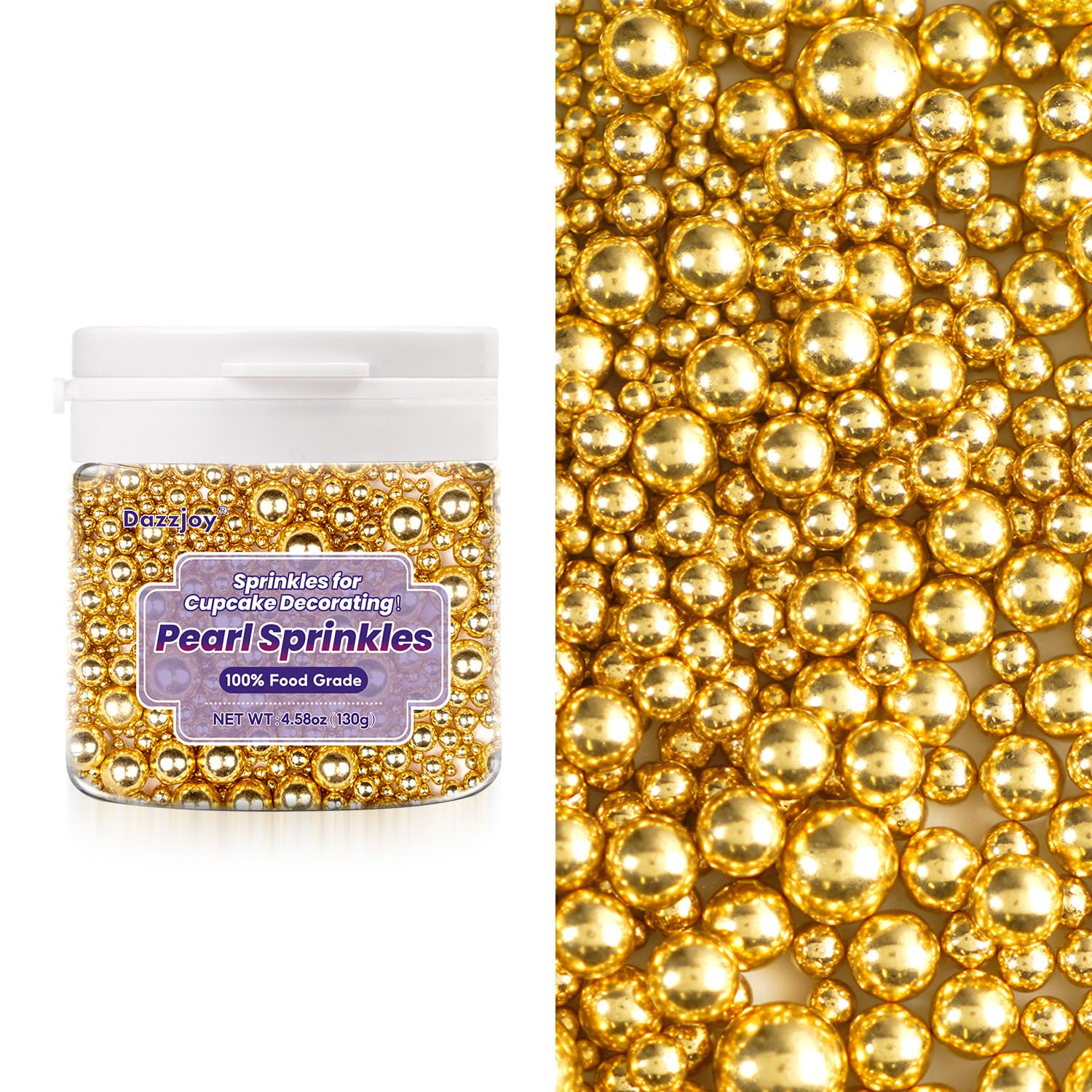 Packaging of Dazzjoy Gold Pearl Sugar Sprinkles with tamper-proof seal.
