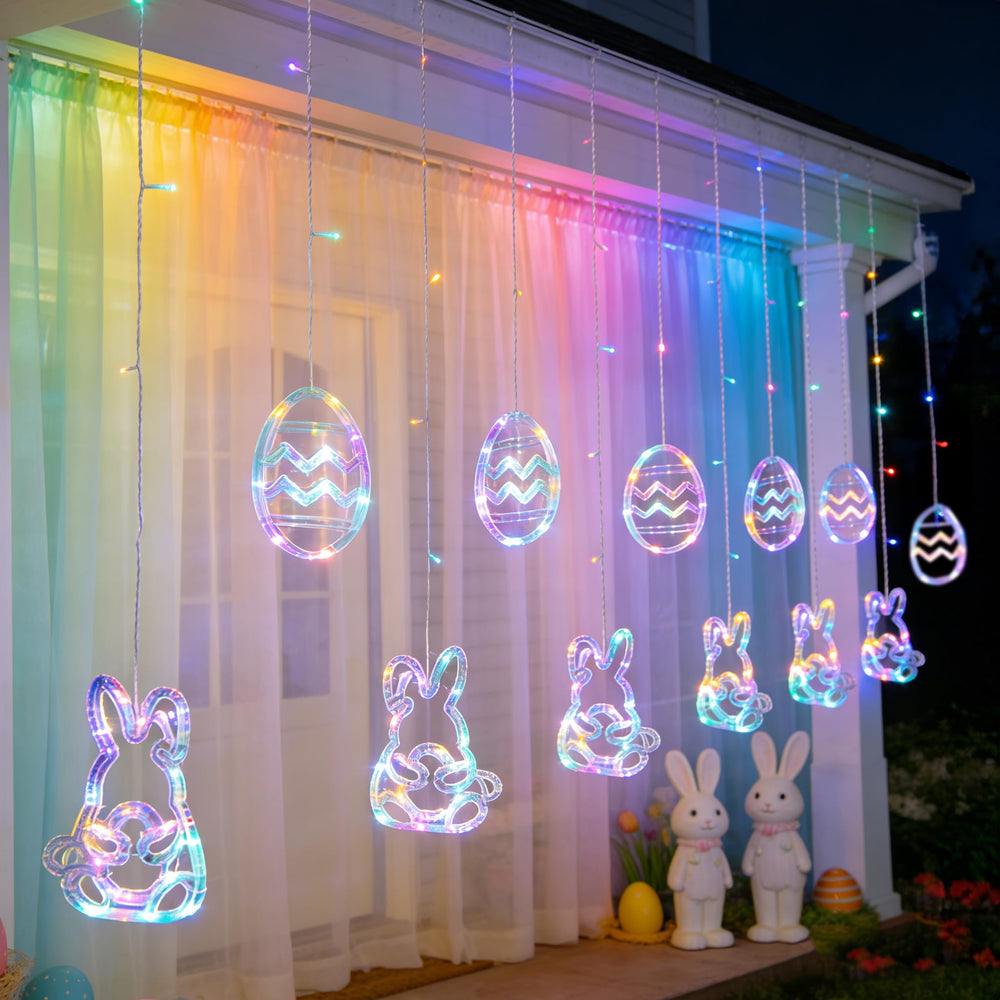Dazzle Bright Easter Lights rabbit curtain decor enhances festive window ambiance.