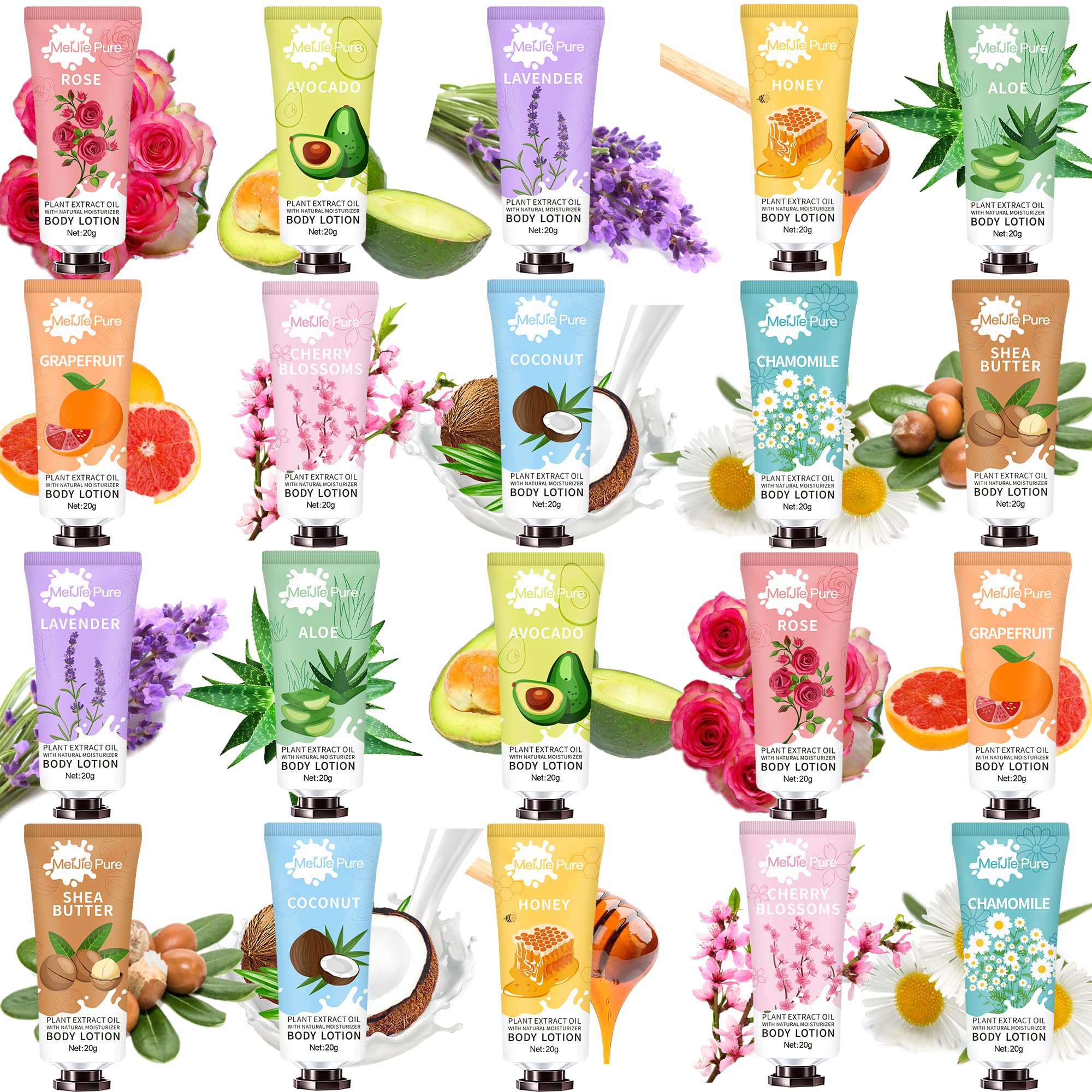 DBEAUTYM 20-pack lotion bottles with assorted scents for customizable dry-skin care.