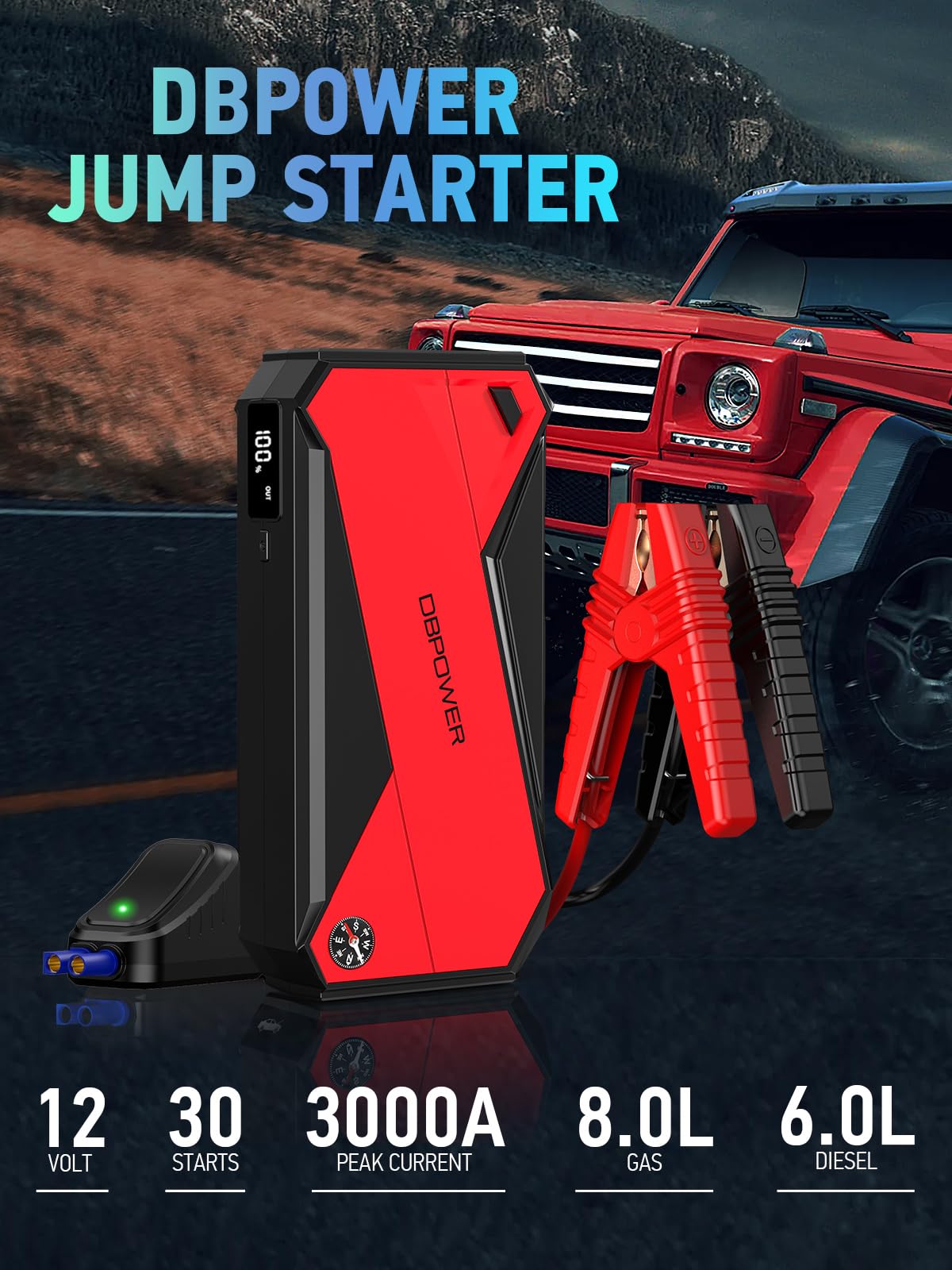 DBPOWER Peak 3000A jump starter back view with rugged clamps for safe jumping