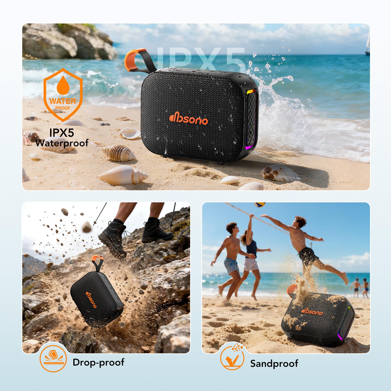 dbsono TWS pairing illustration highlighting 360° stereo through dual speakers.