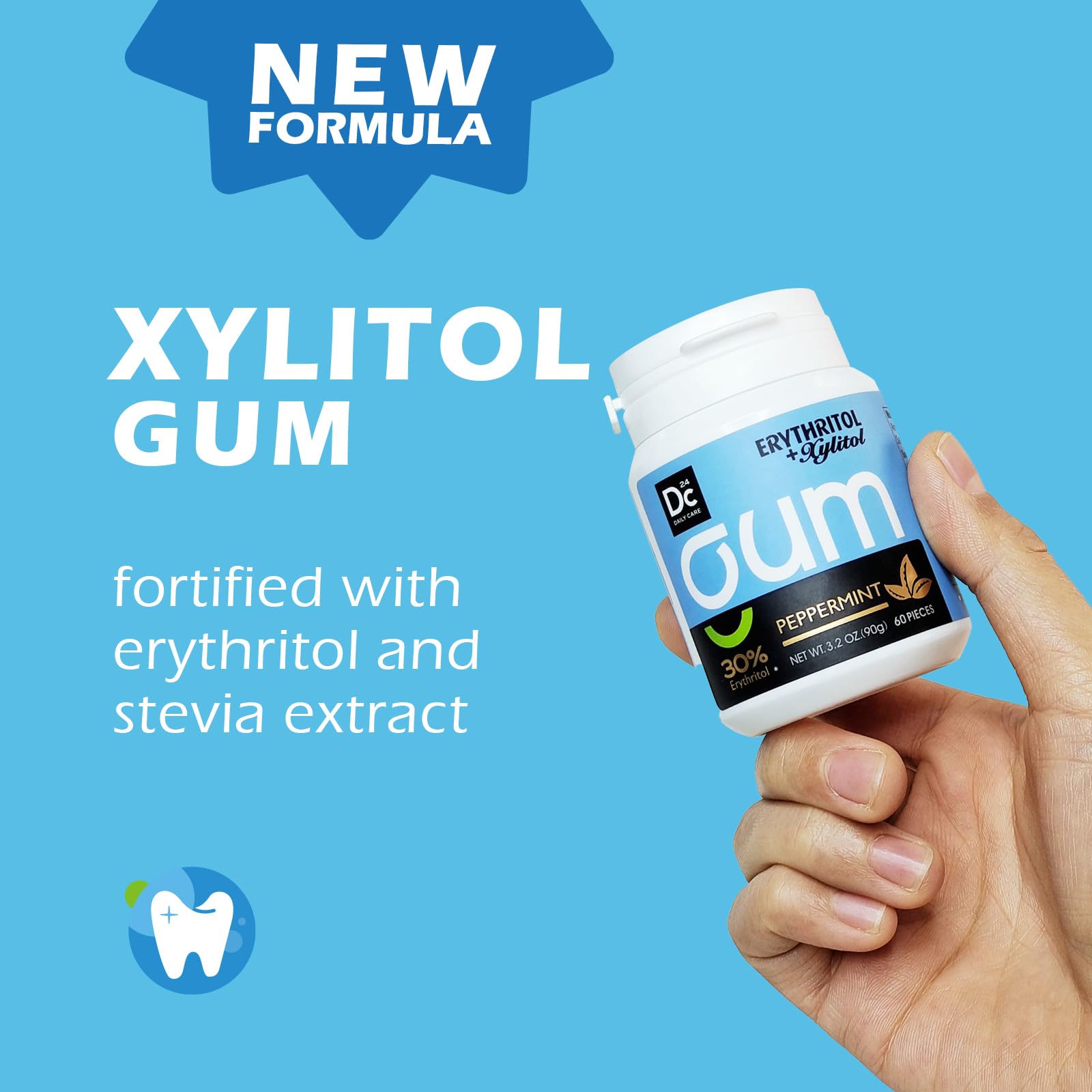 DC24 Daily Care gum bottle closeup highlighting sugar-free with erythritol