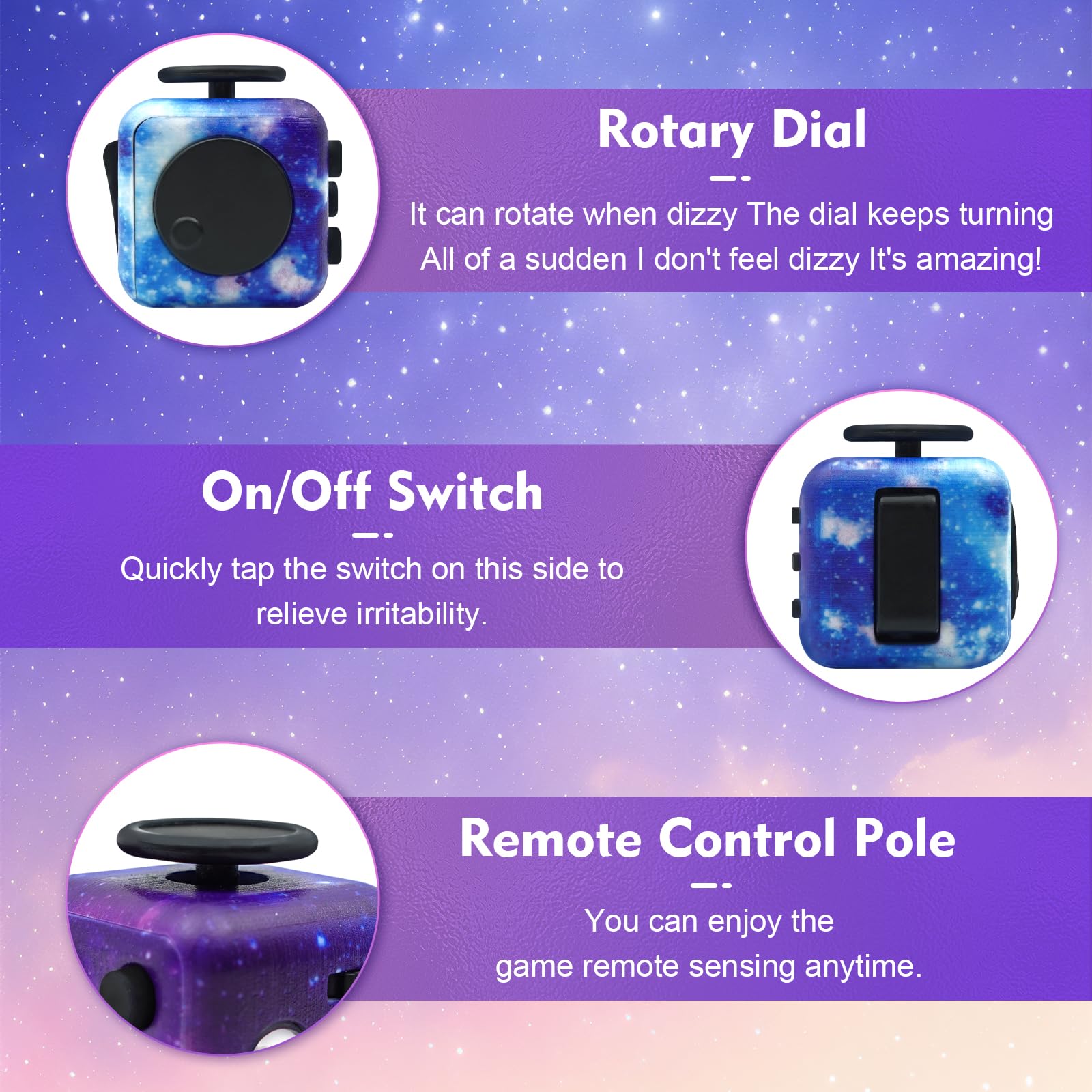 Dcoinc fidget cube rotate action engages fingers for concentration during tasks.