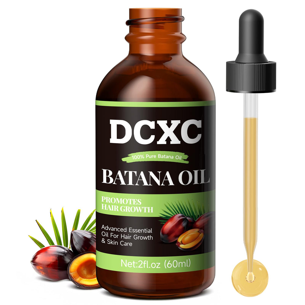 DCXC Batana Oil bottle pouring for hair growth and scalp care.