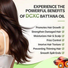 DCXC Batana Oil on hair strands showing immediate shine and smoothness.