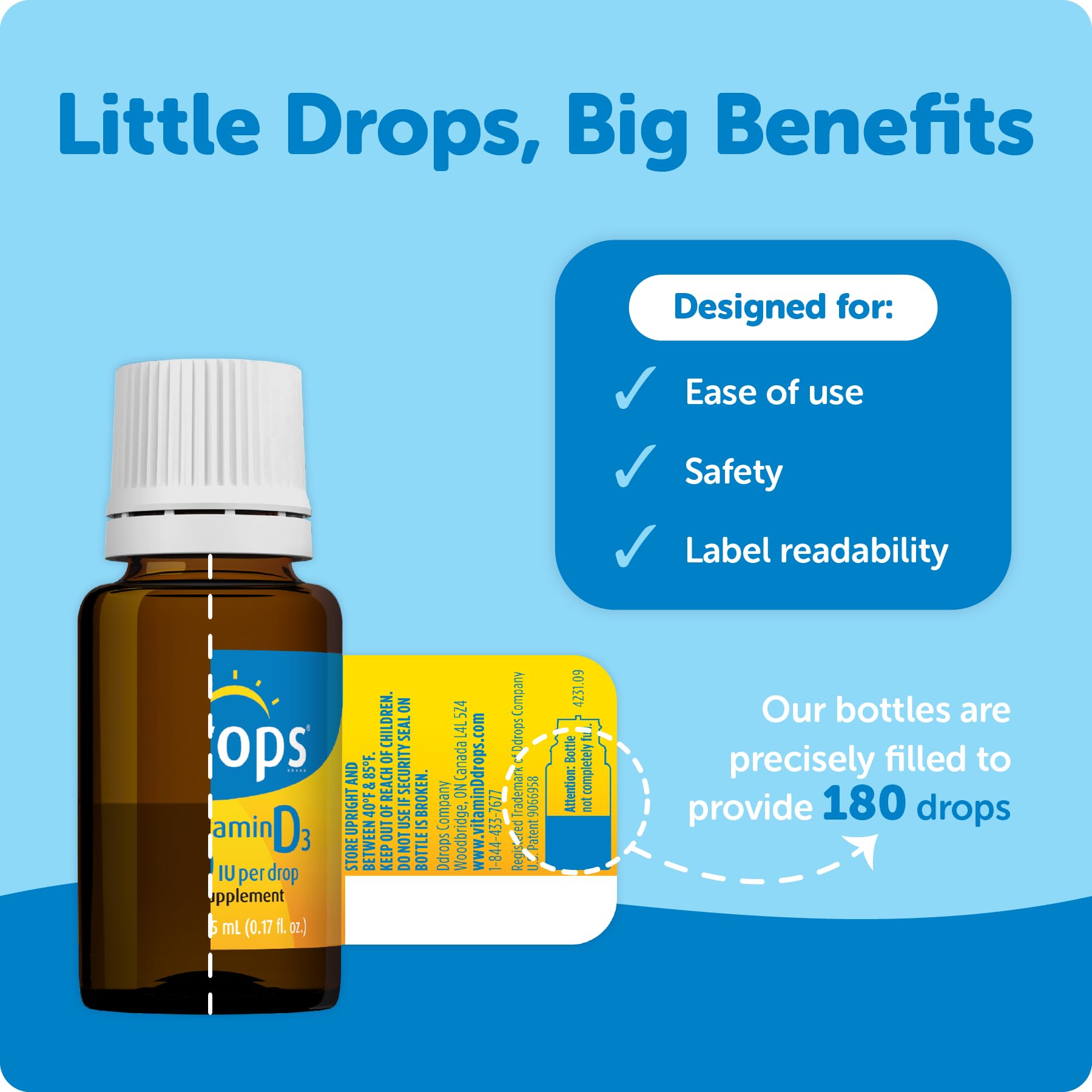 Ddrops 1000 IU liquid drops being poured for convenient use.