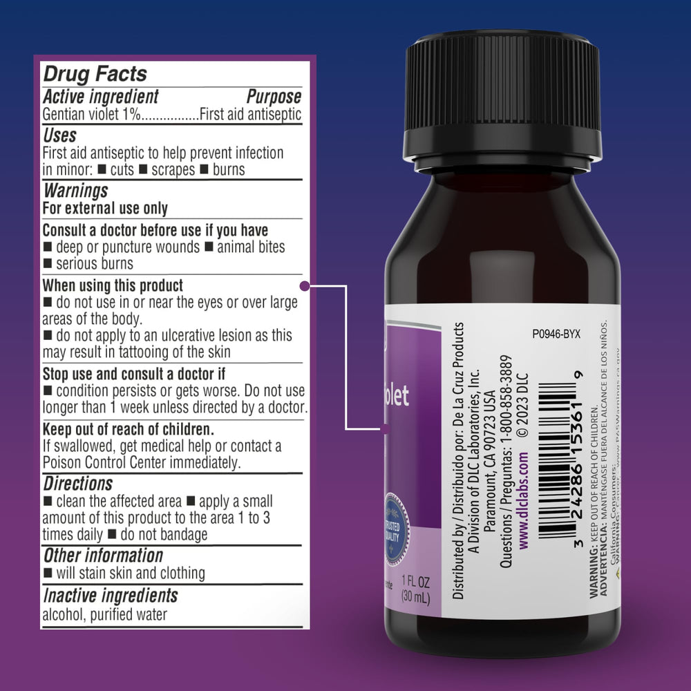 De La Cruz Gentian Violet bottle placed in a home first aid kit.