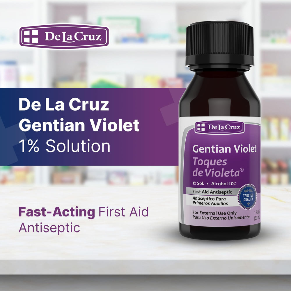 De La Cruz Gentian Violet label close-up showing 1% antiseptic formula.