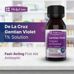 De La Cruz Gentian Violet label close-up showing 1% antiseptic formula.