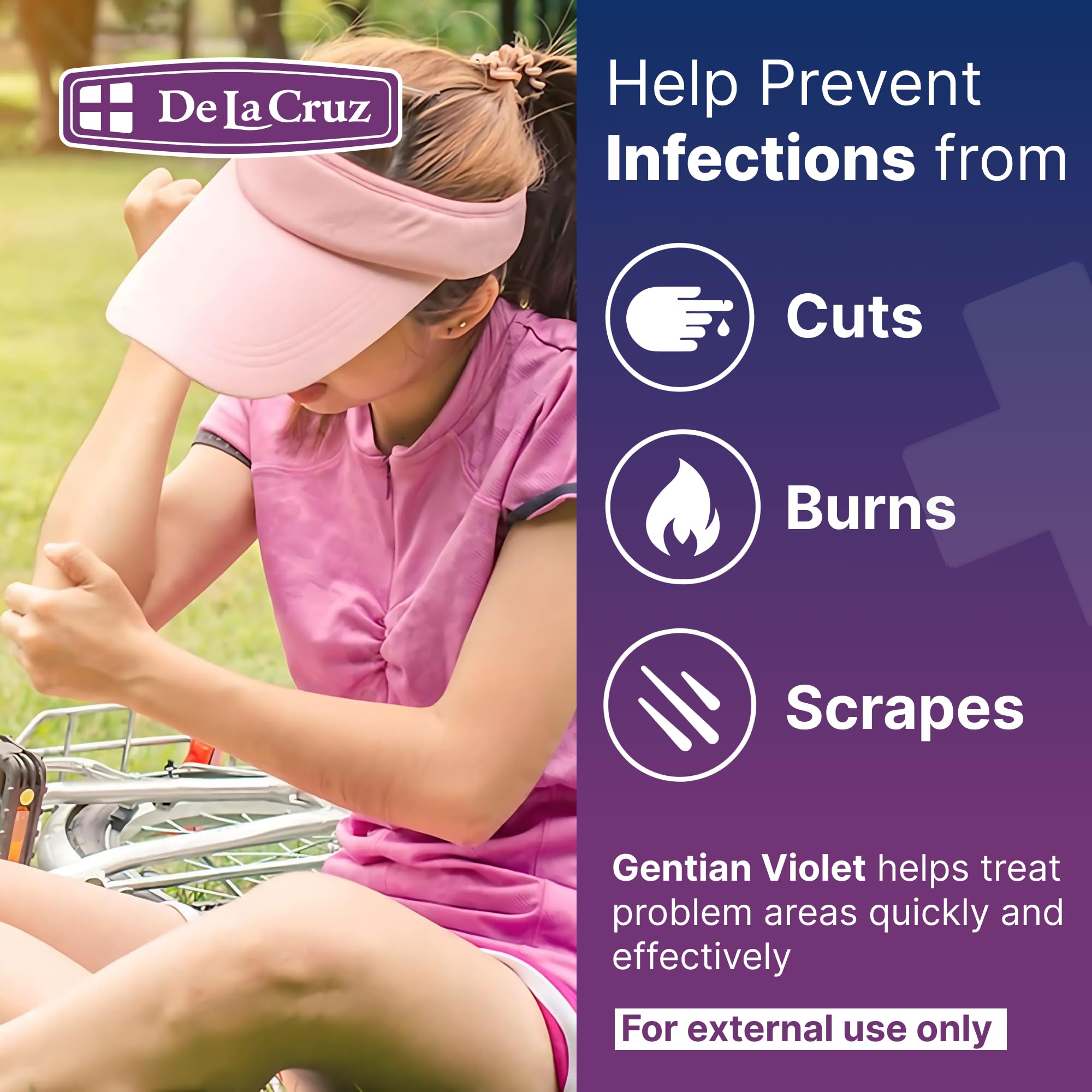 De La Cruz Gentian Violet being dabbed on skin for minor wounds.
