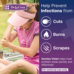 De La Cruz Gentian Violet being dabbed on skin for minor wounds.