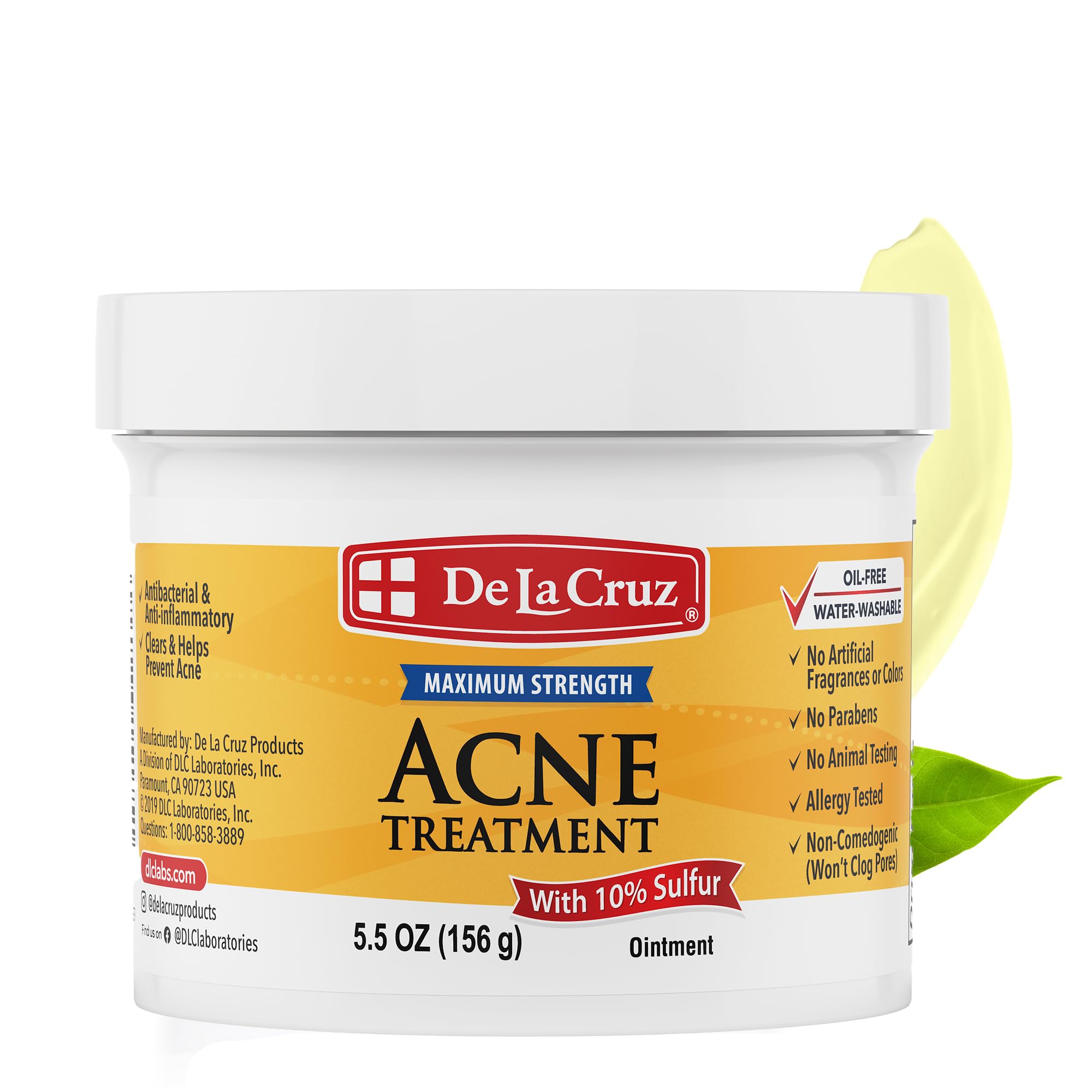 De La Cruz Sulfur Ointment jar beside a blemish for clearer skin.