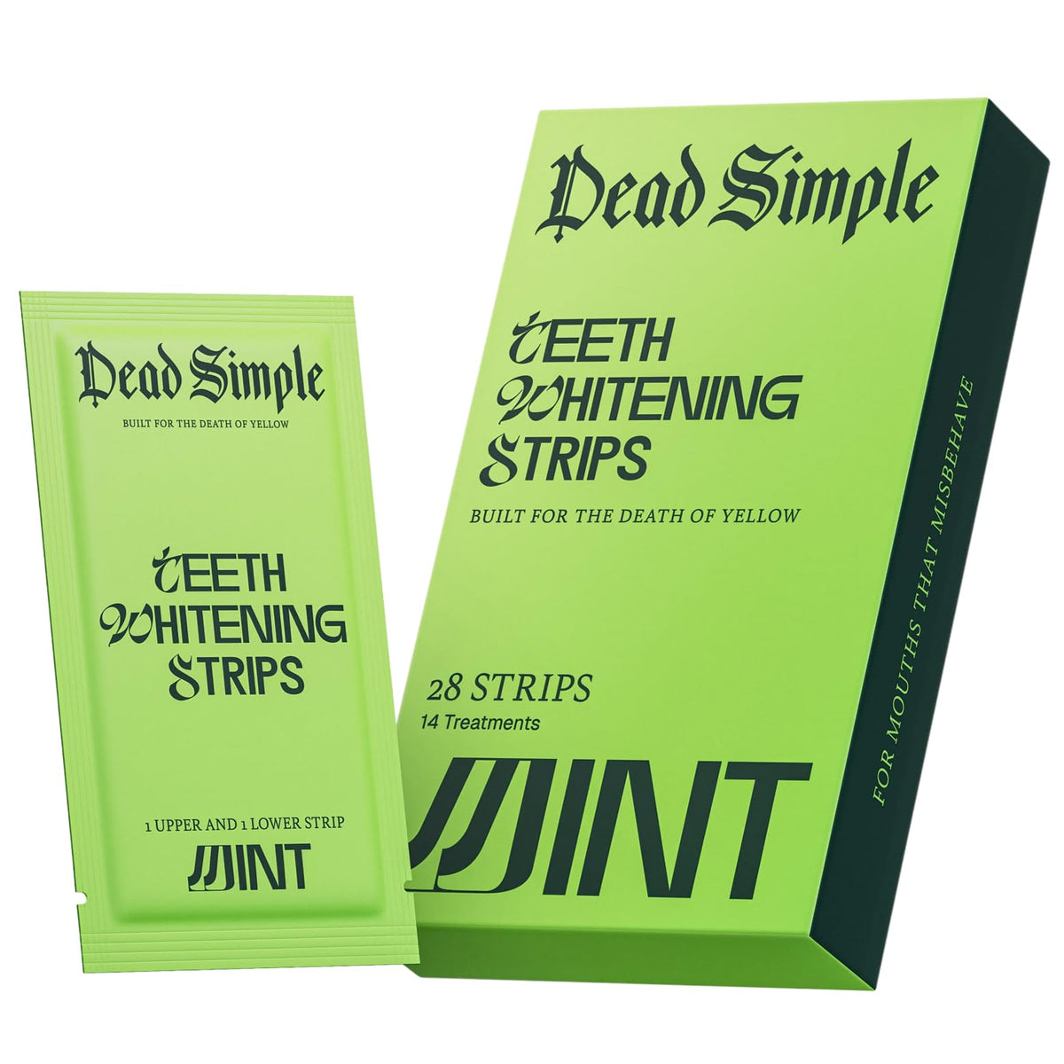 Dead Simple teeth whitening strips inside box showing 14-treatment course for brighter smile.
