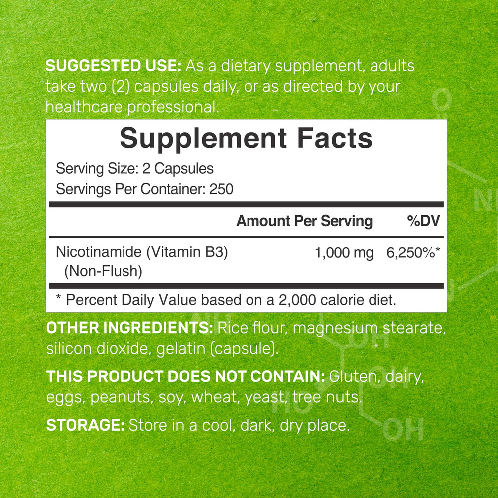 The DEAL SUPPLEMENT 500-capsule bottle sits close-up for convenient daily vitamin B3 intake.