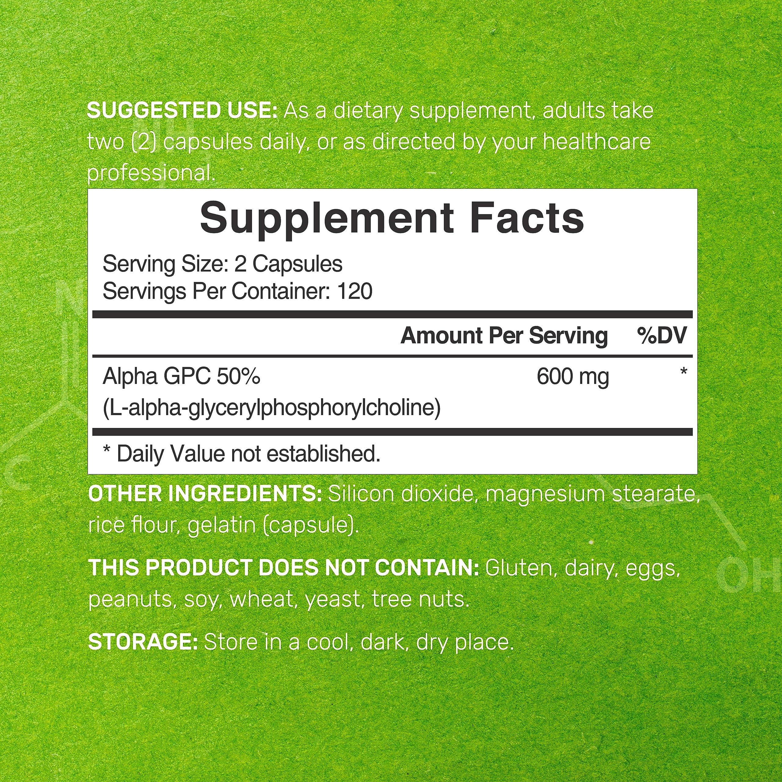 DEAL SUPPLEMENT Alpha GPC capsules closeup shows high potency choline for cognitive support.