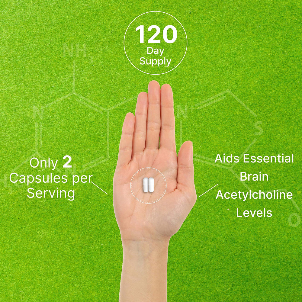 DEAL SUPPLEMENT Alpha GPC bottle on desk presents convenient 2-capsule servings.