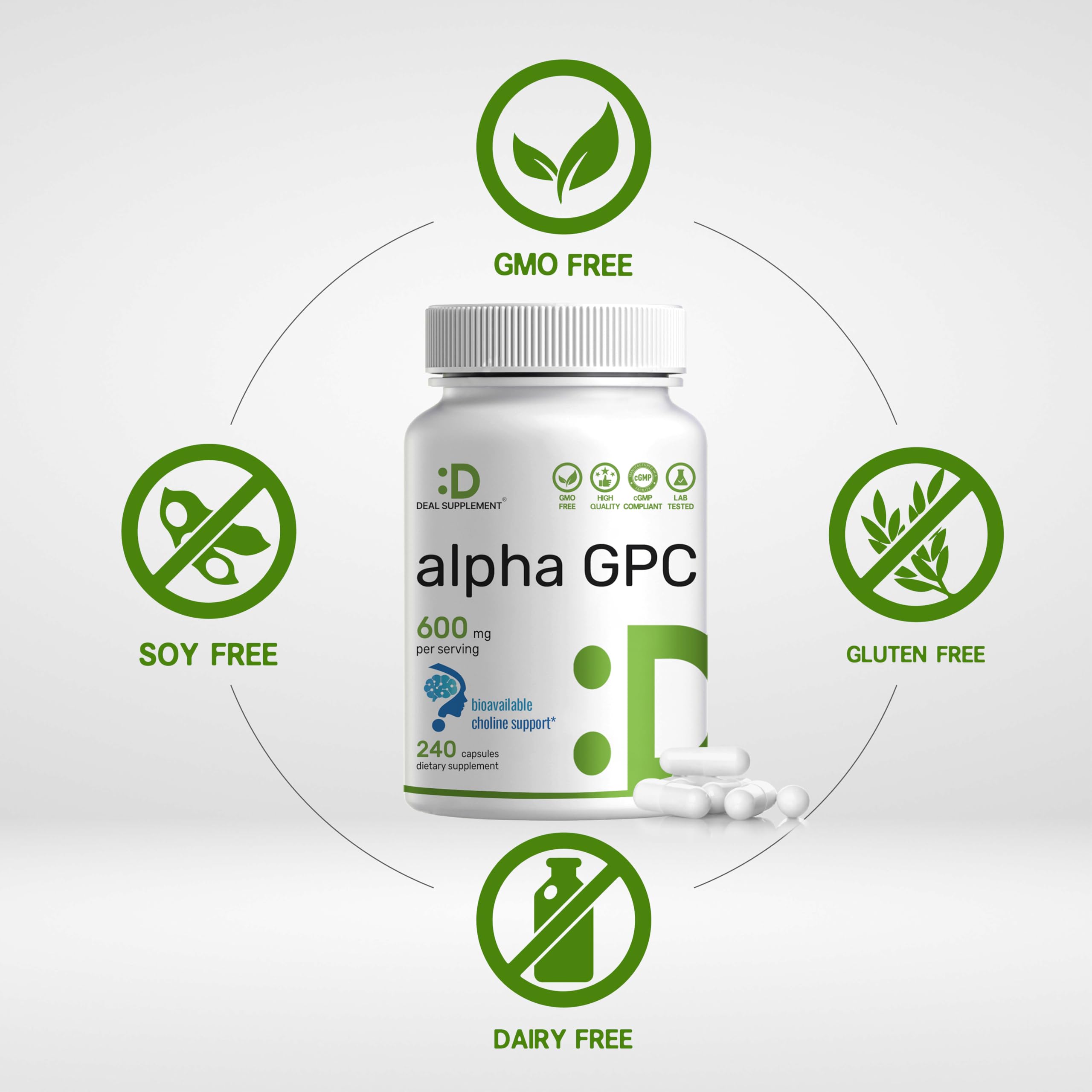 DEAL SUPPLEMENT Alpha GPC label communicates non-GMO formula for clean focus.