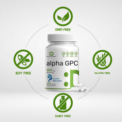 DEAL SUPPLEMENT Alpha GPC label communicates non-GMO formula for clean focus.