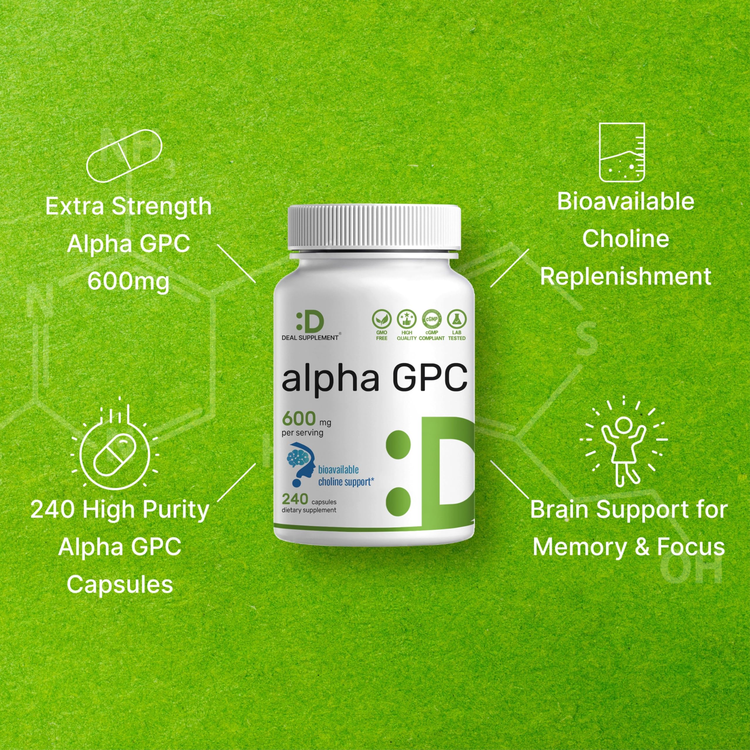 DEAL SUPPLEMENT Alpha GPC packaging demonstrates a 240-capsule long-lasting supply.